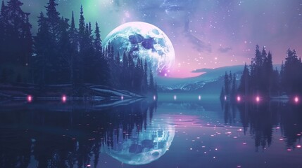 Wall Mural - an ethereal landscape where a gigantic, translucent moon hangs low over a crystal-clear lake.