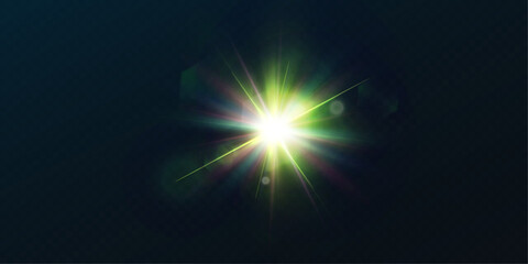 Poster - Light effect of green glowing light. Solar flare. Glow effect. Starbursts with twinkling highlights. Beautiful light effect of flickering highlights. Vector 10 EPS	