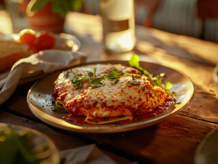 Wall Mural - A plate of Aussie Chicken Parma served on a wooden table. Bright morning light from side. 