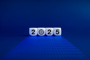 Poster - 2025 happy new year and business target with AI technology, goal and success concepts. 2025 year calendar number with target icon on white cube blocks on abstract grid tech interface, blue background.