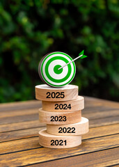 Poster - happy new year 2025 eco and green environmental sustainability concepts. 3d target dart icon on roun
