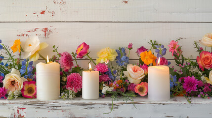 Wall Mural - A picturesque table display with colorful flowers and candles, placed on a white wooden background, perfect for adding text. .