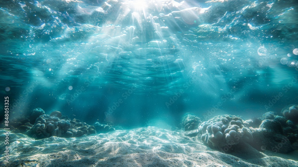 Beautiful underwater scene with sun rays penetrating the clear ...