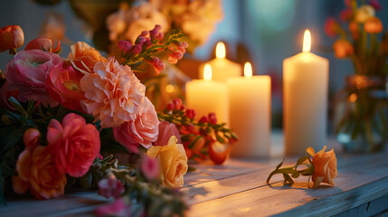 Wall Mural - A sophisticated table setup with vibrant flowers and glowing candles, on a white wooden table, with space for text. .