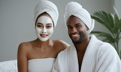 Beauty portrait of man and woman wearing bathrobe and towels on heads and facial mask against bathroom background. Headshot of adult couple after spa treatment. Skincare routine, cosmetology concept