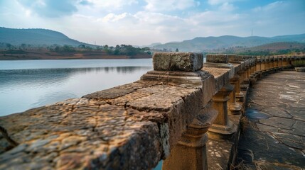 Poster - A natural stone wall beside a calm body of water, great for serene and peaceful scenes