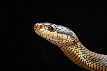 Poster - A close-up shot of a snake's head and body on a dark, featureless background