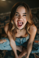 Wall Mural - A young woman with long blonde hair sits on a patterned floor wearing blue jeans. She is looking directly at the camera and has her mouth open in a wide smile