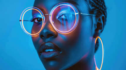 Wall Mural - A close-up portrait of a woman with dark skin wearing round, clear glasses with neon orange and purple accents. She is looking to the side, and the lighting highlights her face