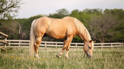 Wall Mural - Golden Palomino Horse Grazing in a Meadow