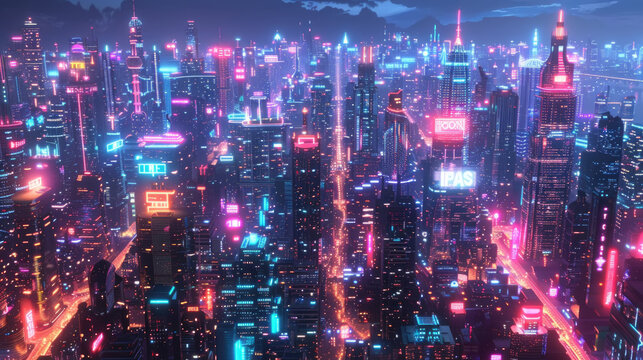 An aerial view of a futuristic city at night, with towering skyscrapers illuminated by vibrant neon lights