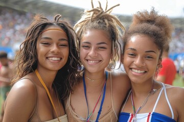 Three diverse smiling young women with casual festival attire sharing a joyful moment together