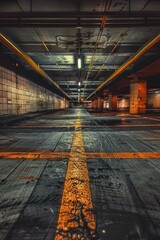 Aufkleber - A modern parking garage with a yellow line painted on the floor, perfect for commercial or residential use