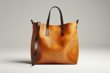 Poster - A brown leather tote bag sits on a table, great for everyday use or as a decorative piece