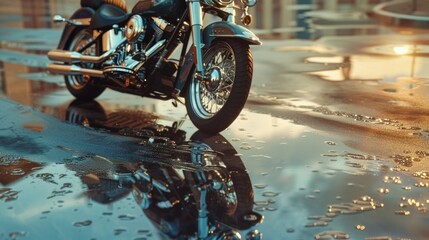 Poster - A motorcycle parked on a wet street with puddles and rainwater