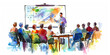 © sommersby - A watercolor illustration depicting a business presentation, with a speaker standing in front of a whiteboard and an audience listening intently