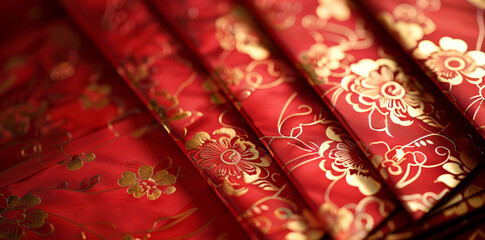 Sticker - close up of red envelope with gold oriental pattern. Asian gift for new year, wedding and birthday