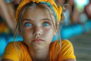 A young girl in yellow attire looks upward thoughtfully, showcasing freckles