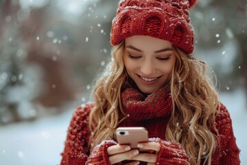 An attractive woman in matching winter attire is engaging with her smartphone in a snowy setting