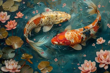 Wall Mural - Oriental Colorful Koi fish Japanese swimming underwater surrounded by nature flower