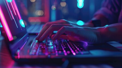 Poster - Close-up of hands typing on laptop keyboard in dimly lit room, great for representing work or study settings