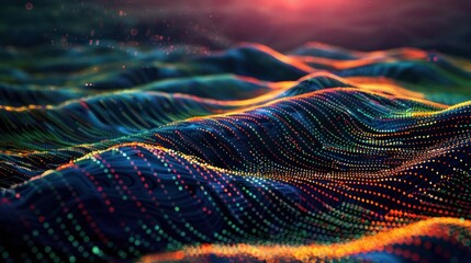 Poster - a binary code sequence flowing across a digital landscape, 