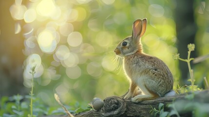 Aufkleber - A rabbit sits on a log in the woods, looking around cautiously