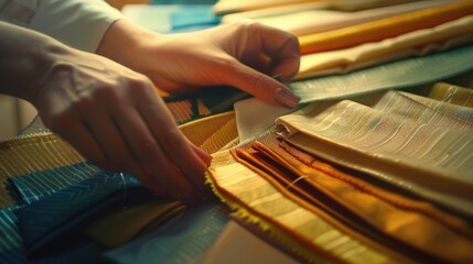 Aufkleber - A person is cutting fabric with scissors on a table