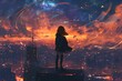 © mostafa - An emotional illustration of an anime woman looking at the night sky from a rooftop in the city