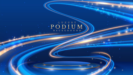 Wall Mural - Elegant Blue and Gold Background Featuring Swirling Light Trails and an Empty Podium, Perfect for Luxury Presentations and Events. Vector Illustration.