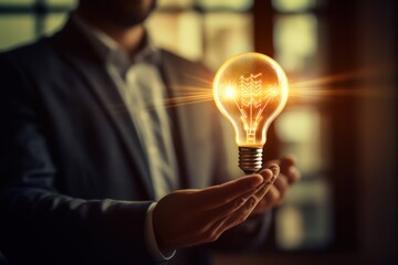 Poster - Businessman holding creative light bulb with growth graph, 