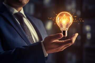 Poster - Businessman holding creative light bulb with growth graph, 