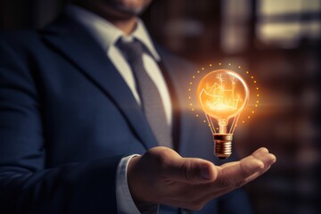 Poster - Businessman holding creative light bulb with growth graph, 