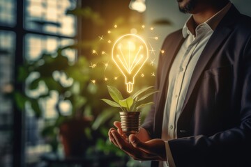 Poster - Businessman holding creative light bulb with growth graph, 