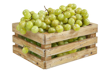 Wall Mural - Green Fresh grapes in a wooden crate isolated on transparent background