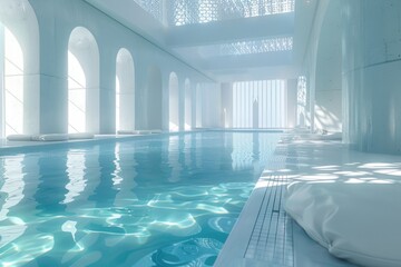 Poster - A indoor swimming pool surrounded by glass walls and modern architecture