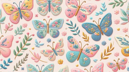 whimsical pastel floral embroidery seamless patterns with embroidered floral butterflies