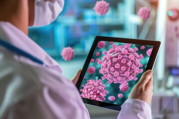 Poster - A person in a white coat holds a tablet computer