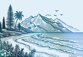 Wall Mural - tropical beach landscape with mountains illustration