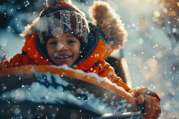 Sticker - A happy child enjoying winter fun on a snowy day