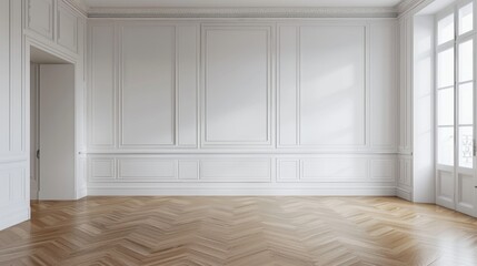 Poster - A cozy interior space with white walls and wooden flooring, ideal for decorating or architectural purposes