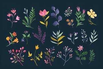 Wall Mural - A collection of colorful flowers on a dark black background, perfect for use in designs and projects