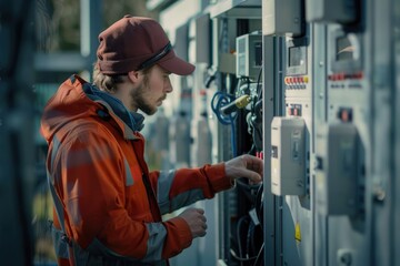 Poster - A person in an orange jacket performing maintenance tasks on a machine