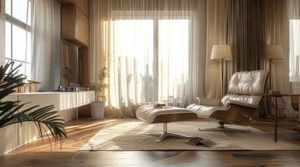 Poster - A comfortable living space with various furniture pieces and a large window allowing natural light in