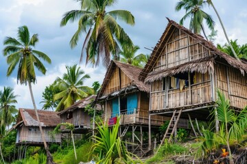 Poster - A scenic view of houses situated on top of a lush green hillside, ideal for landscape or architecture photography