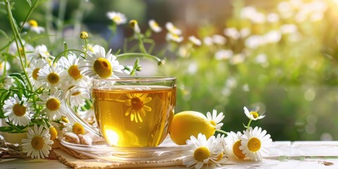 Poster - A warm cup of tea served with sliced lemons and daisies, perfect for a relaxing moment