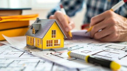Aufkleber - A man is drawing a yellow house with a pencil and a marker