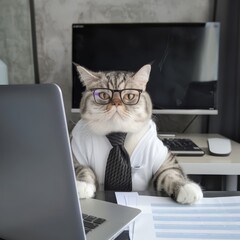 Wall Mural - A cat in a big office , sitting on her desk wearing glasses and a white tshirt with a black tie , in front of him there is a grey laptop