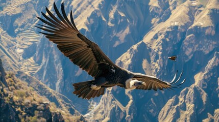 Aufkleber - A bird soaring through the sky, with clouds and blue background