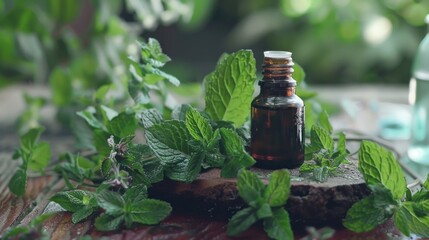 Poster - A bottle of essential oil sits on a wooden table, ready for use